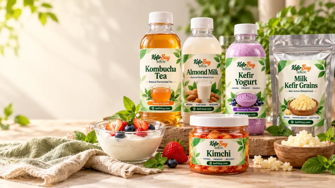 KefirBuy kombucha tea, almond milk, kefir yogurt, milk kefir grains and kimchi on a wooden table
