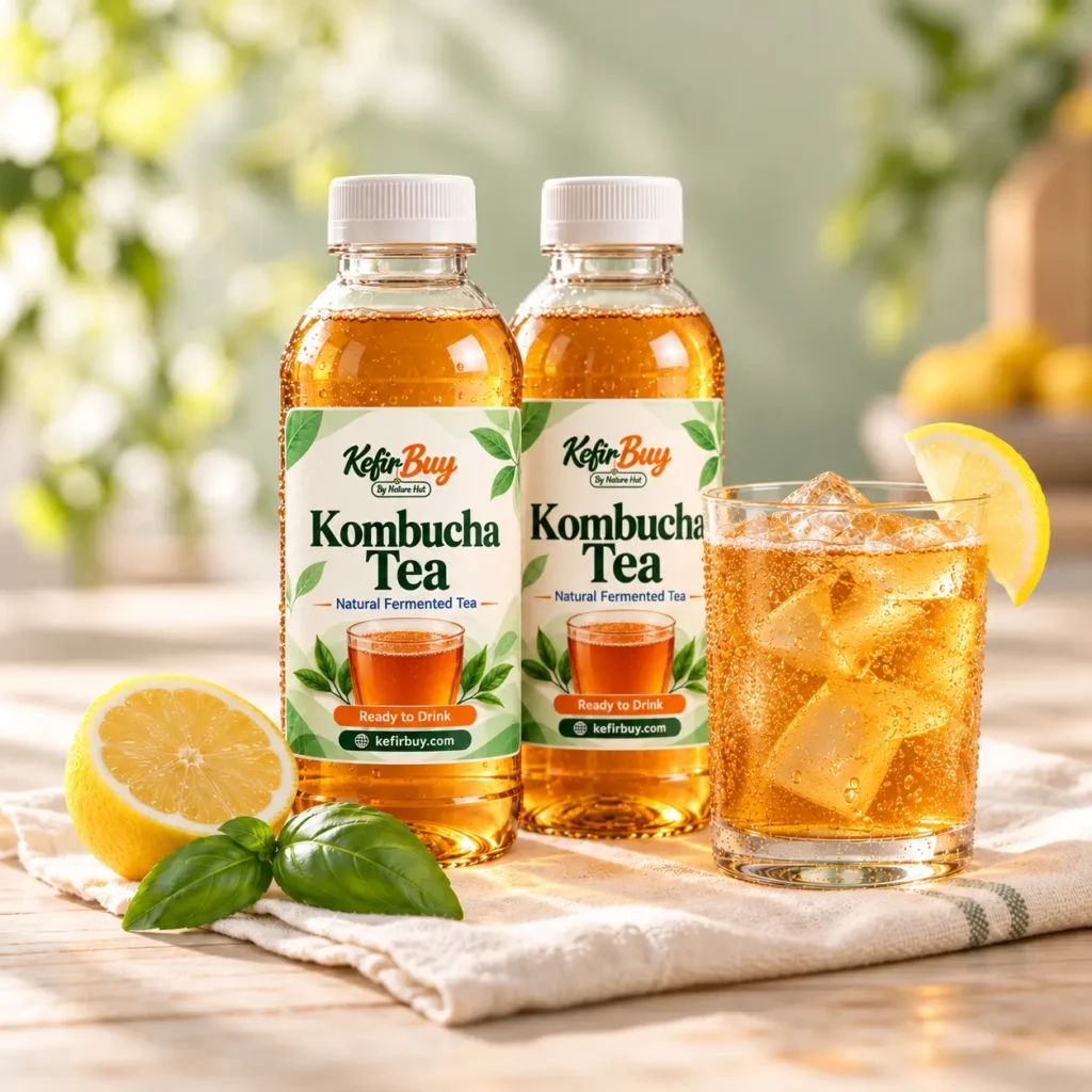 Two bottles of KefirBuy kombucha tea beside a glass of iced kombucha with lemon