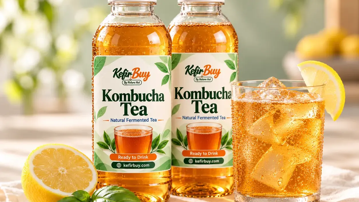 Two bottles of KefirBuy kombucha tea beside a glass of iced kombucha with lemon