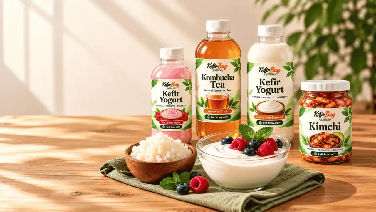 KefirBuy kefir yogurt, kombucha tea and kimchi with a bowl of kefir grains and yogurt topped with berries