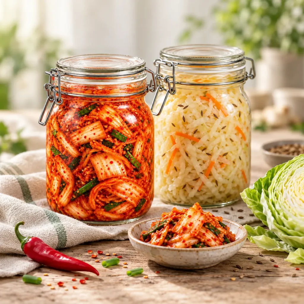 Clamp-lid jars of kimchi and sauerkraut with a bowl of kimchi and fresh cabbage