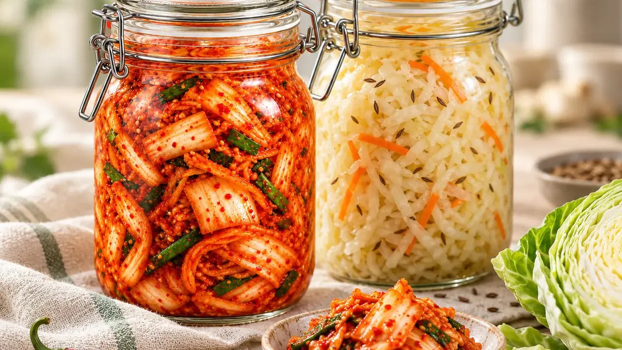 Clamp-lid jars of kimchi and sauerkraut with a bowl of kimchi and fresh cabbage