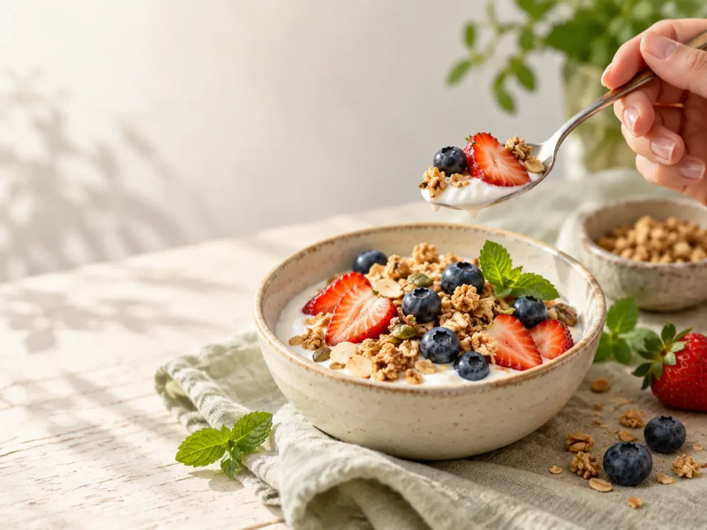 Bowl of yogurt with granola, strawberries and blueberries