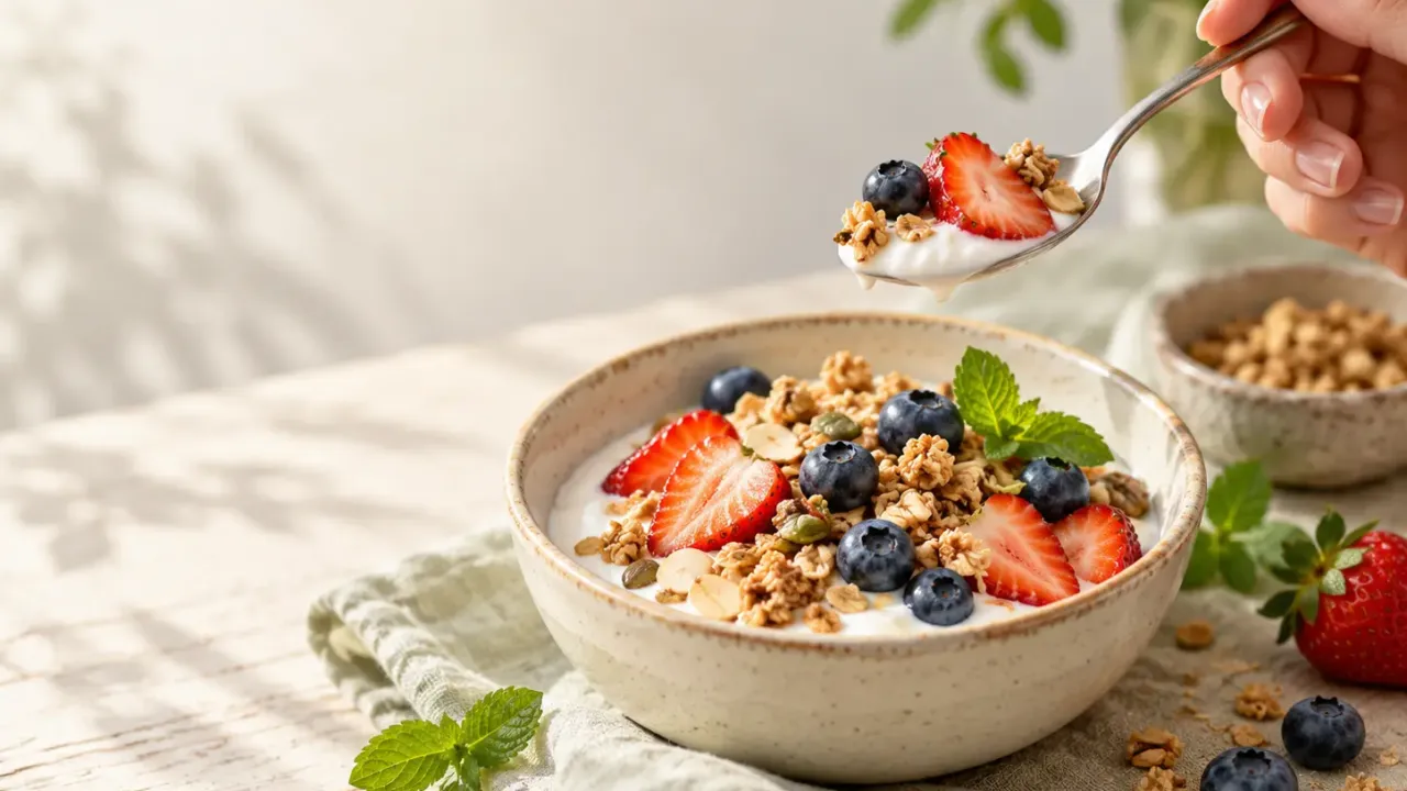 Bowl of yogurt with granola, strawberries and blueberries